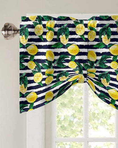 Tie Up Valance for Kitchen Living Room Farmhouse - Lemon and Stripe Pattern Rod Pocket Adjustable Tie-up Shade Valance for Small Window, Window Valance Balloon Drape for Bathroom 60x18 inches