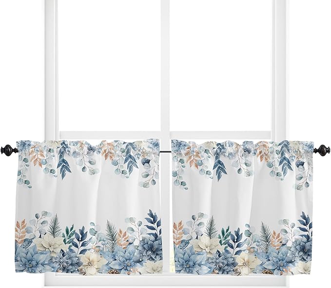 Vandarllin Blue Christmas Poinsettia Kitchen Curtains and Valances Set, Winter Eucalyptus Leaves Windows Treatments Tiers Half/Short Curtains for Small Windows Cafe/Living Room/Bedroom 54x24 in