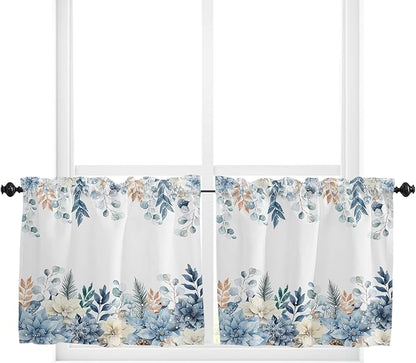 Vandarllin Blue Christmas Poinsettia Kitchen Curtains and Valances Set, Winter Eucalyptus Leaves Windows Treatments Tiers Half/Short Curtains for Small Windows Cafe/Living Room/Bedroom 54x36 in