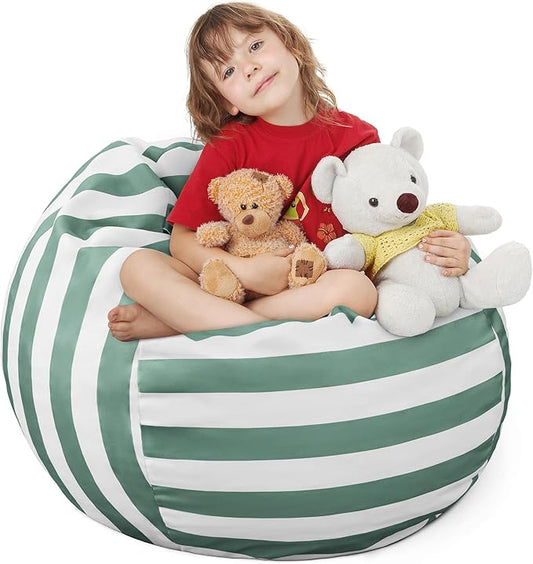 EXQ Home Kids Bean Bag Chairs Cover -Stuffed Animal Bean Bag Storage Green and White Stripes-Zipper Bean Bag for Organizing Children Plush Toys Holiday Gift for Girl,Boys (2XL)