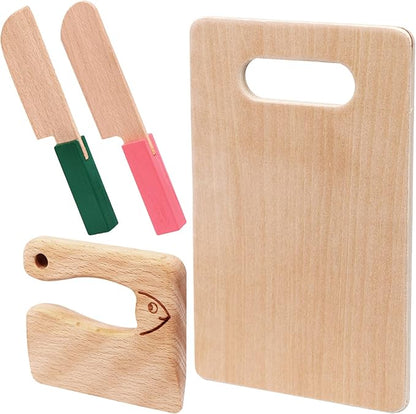 4 Pcs Wooden Kids Knives Cooking Utensils for Kitchen Cooking Children's Safe Knives Kids Cute Kitchen Tools with Rectangle Cutting Board for Cooking Kitchen Veggies Lettuce Fruits Salad Cake