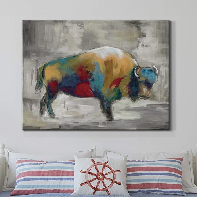 Renditions Gallery Canvas Animal Wall Art Home Paintings & Prints Colorful Bison Brushstroke Abstract Black & White Modern Artwork Decorations for Bedroom Office Kitchen - 32"x48" LT33