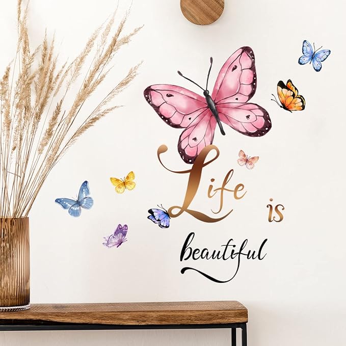 Butterfly Wall Art Decal - 'Life is Beautiful' Motivational Quote - 90x30cm Peel & Stick Design for Home Decor