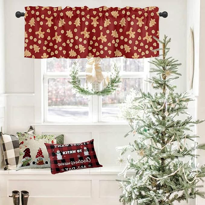 Vandarllin Christmas Kitchen Curtains Valances for Windows Red Merry Christmas Gingerbread Man Cookies Rod Pocket Window Treatment for Kitchen/Living Room/Bedroom/Bathroom,42" X 18" -1 Panel,