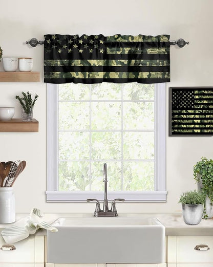 Vandarllin Rustic Green Camo Military Pattern American Flag Kitchen Curtains Valances for Windows Camouflage Rod Pocket Window Treatment for Kitchen/Living Room/Bedroom/Bathroom,60" X 18" -1 Panel,