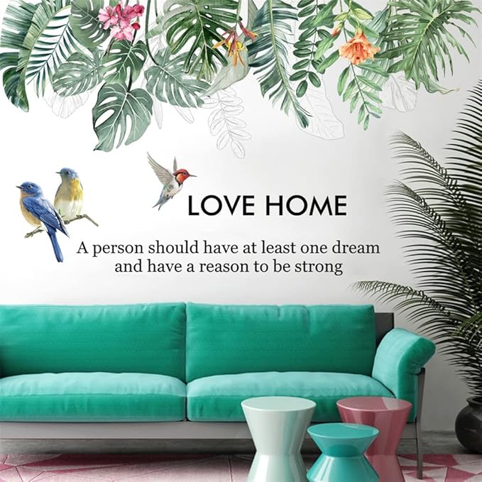 Palm Leaf Wall Stickers Hanging Vines Green Plants Wall Stickers, Removable Peel and Stick for Kitchen Living Room Bedro om Home Decoration