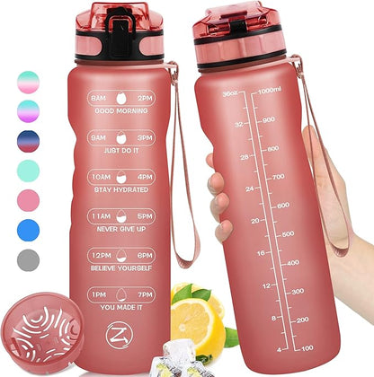 ZOMAKE 32oz Motivational Water Bottle with Times to Drink,Time Marker & Removable Strainer,Fast Flow,Leakproof Tritan BPA Free Non-Toxic Water Jug for Fitness,Gym,Sports…