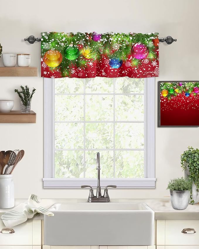 Vandarllin Christmas Balls Kitchen Curtains Valances for Windows Pine Tree Snowflakes Xmas Rod Pocket Window Treatment for Kitchen/Living Room/Bedroom/Bathroom,42" X 12" -1 Panel, Red