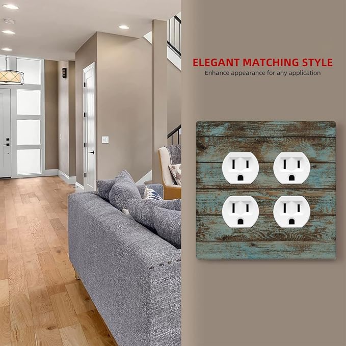 Vintage Green Wood Texture Double Outlet Switch Wall Plate Cover Decorative 2-Gang for Electrical Room Bathroom Bedroom Home Kitchen Two Receptacle Polycarbonate Power Gear 4.5" x 2.76"