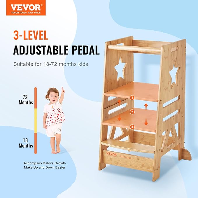 VEVOR Tower Step Stool, 3-Level Height Adjustable Toddler Step Stools for Kids, Kitchen Stool Helper, Bamboo Kids Standing Tower Learning Stool with Safety Rail for Kitchen Counter Bathroom, 350LBS