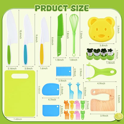 26PCS Kids Knives for Real Cooking, Wooden Kids Kitchen Knife Set Include 4 Serrated Edges Plastic Toddler Knives, Cutting Board, Y Peeler, Egg Beater, Toddler Food Picks and Cream Scraper