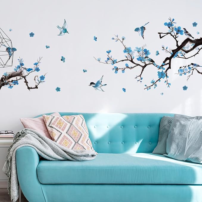 Zonon Flowers Wall Decals Vinyl Dragonflies Flowers Wall Stickers Removable Floral Wall Murals Peel and Stick Colorful Flower Wall Decor for Bedroom Living Room Nursery(Birds)