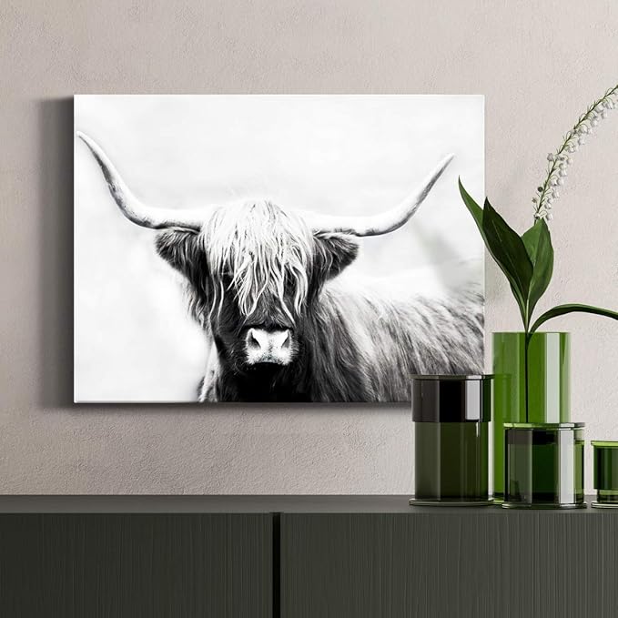 Renditions Gallery Canvas Animal Wall Art Home Paintings & Prints Highland Longhorn Cow Modern Black & White Glam Horror Artwork Decorations for Bedroom Office Kitchen - 8"x12" LT33