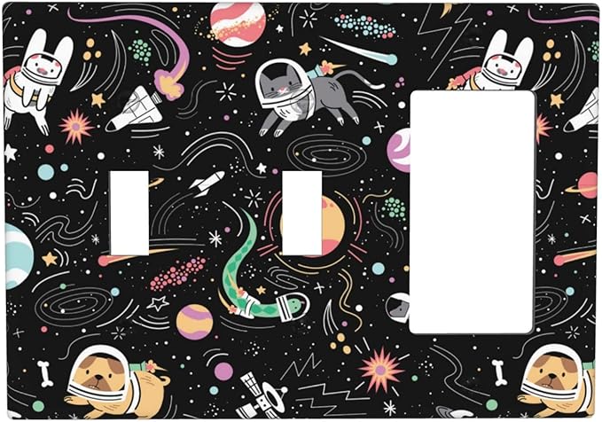 Space Cute Cat Dog Decorative Combo 2 Toggle 1 Rocker Light Switch Cover Wall Plate Single Decora 3 Gang for Electrical Outlet Kitchen Kids Boys Room Bedroom Bathroom Home Novelty Decorate