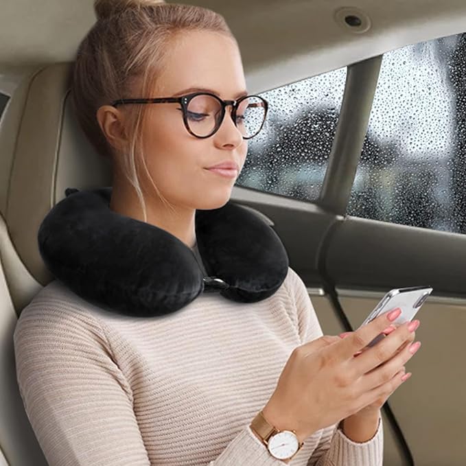 Travel Neck Pillow Airplane, Soft Memory Foam Support Head Neck Chin, with Removale Cover and Adjustable Snap Button, Comfortable Sleeping in Plane Car Train Traveling Office Home, Black