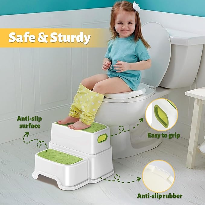 2 Step Stool for Kids, Anti-Slip Toddler Toilet Potty Training Stool with Handles, Two Step Stool for Bathroom, Kitchen, Bedroom, Living Room (Green)