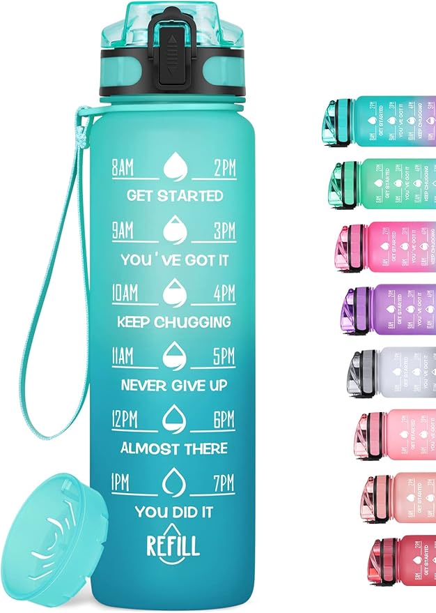 1L/750ml Motivational Water Bottle with Time Marker, Leak-proof BPA Free Drink Bottle with Fruit Strainer or straw, Perfect for Fitness, Gym and Outdoor Sports