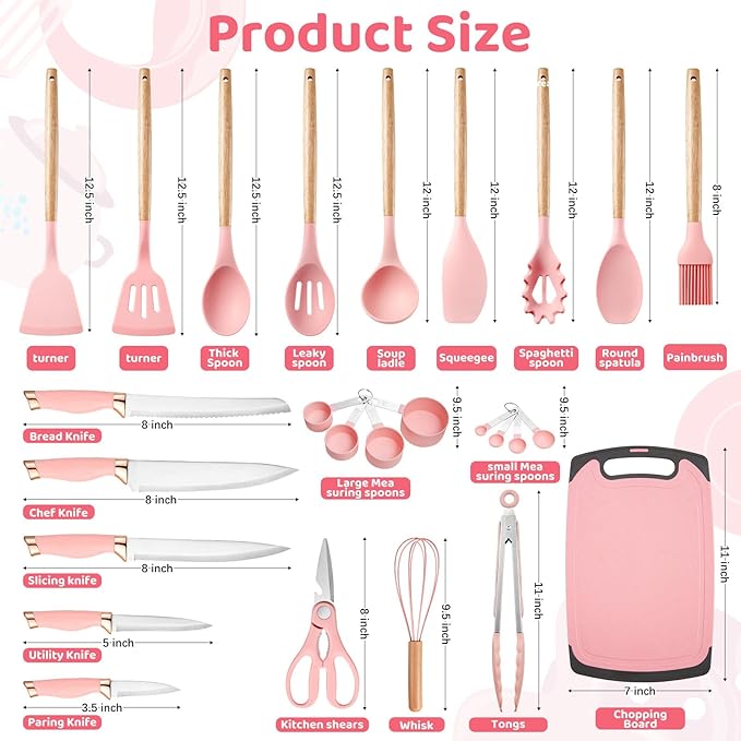 37 PCS Kitchen Utensils Set, Silicone Cooking Utensils Set with Kitchen Knife Set and Holder, Wooden Handle Kitchen Tool Set - Kitchenware Set (Pink)