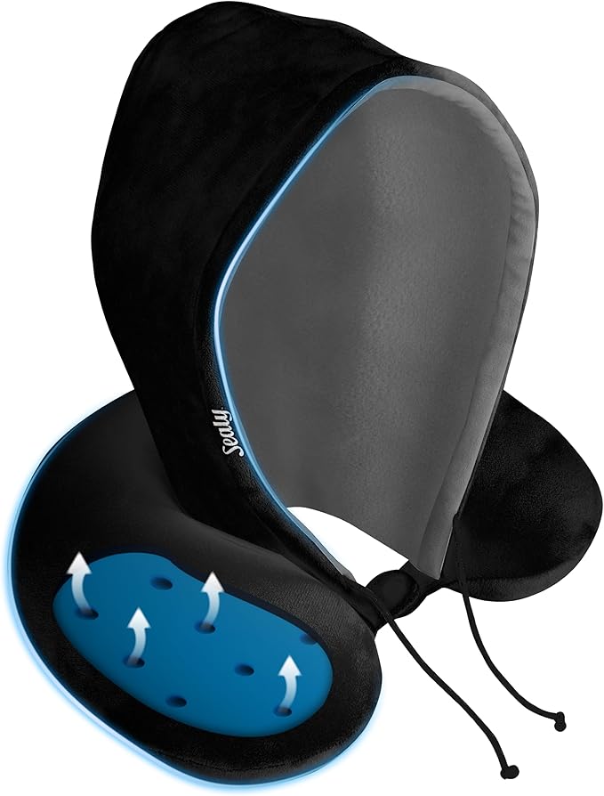 Sealy, Infused-Gel Hooded Travel Pillow with Airflow Memory Foam, Tailored Just for You with Contoured Support, The Ultimate Rest for Flights, Rides, and Your Home, Blocks Cold Drafts, Black