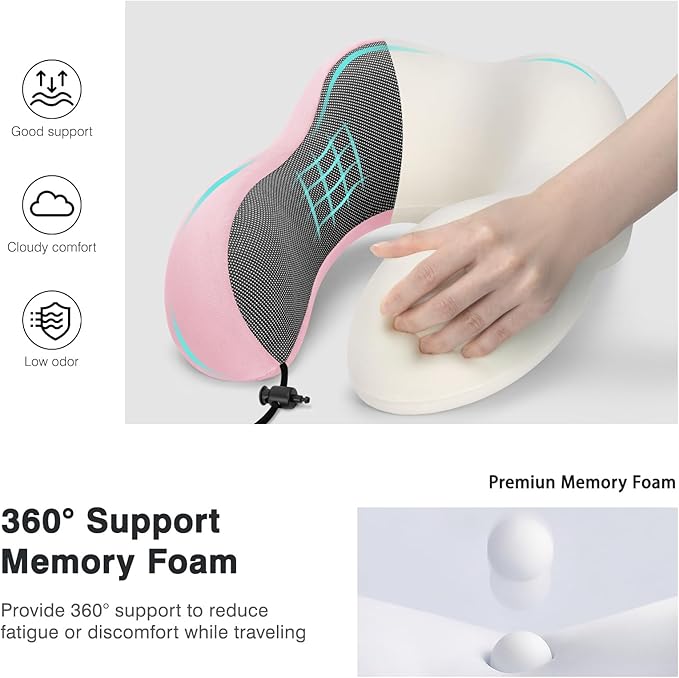 Neck Pillow for Airplane, Memory Foam Travel Pillows, Soft & Support Travel Pillow for Travelling, Sleeping Rest, Car, Train and Home Use (Pink/Hump-Shaped)