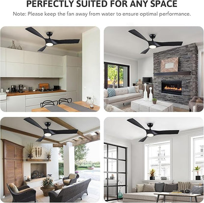 VONLUCE Ceiling Fan with Light and Remote Control, 52 Inch Modern Fan with 3 Blades Noiseless DC Motor for Bedroom, Living Room, Kitchen, Study, Black