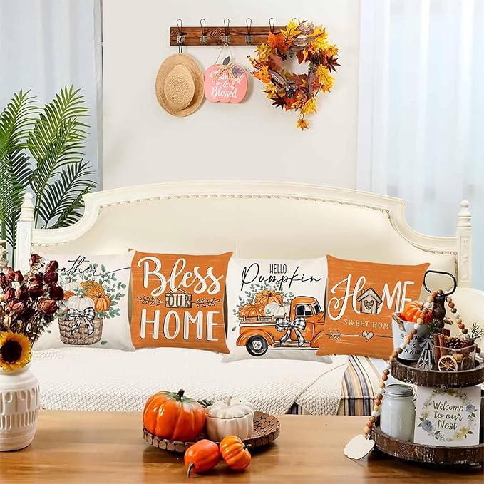 Fall Decorations for Home, Fall Pillow Covers 18x18 Set of 4, Thanksgiving Decorations Autumn Cushion Case for Couch(Fall04)