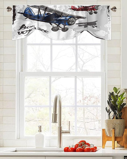 Tie Up Valance for Kitchen Living Room Farmhouse - Biplane Bon Voyage Rod Pocket Adjustable Tie-up Shade Valance for Small Window, Window Valance Balloon Drape for Bathroom 42x12 inches