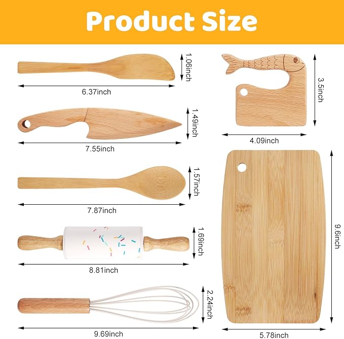 7 Pieces Wooden Kids Knife Toddler Knife Set Toddler Cutting Board And Knife Set for Real Cooking Montessori Kitchen Tools for Toddlers for Cutting Veggies Fruits Salad Cake