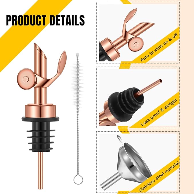 Tioncy 4 Pieces Weighted Stainless Steel Pourers Olive Oil Spout Olive Oil Dispenser Spout Automatic Opening and Closing Spout with Funnel and Brush for Pouring Wine Syrup Oil Kitchen (Rose Gold)