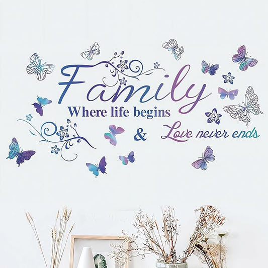 Family Wall Sticker, Inspirational Wall Decor Home Wall Decoration Warm Quotes Stickers Waterproof Removable Butterfly Sticker Letter Word Decal for Bedroom Dining Room Kitchen Wall Art Decor(Purple)