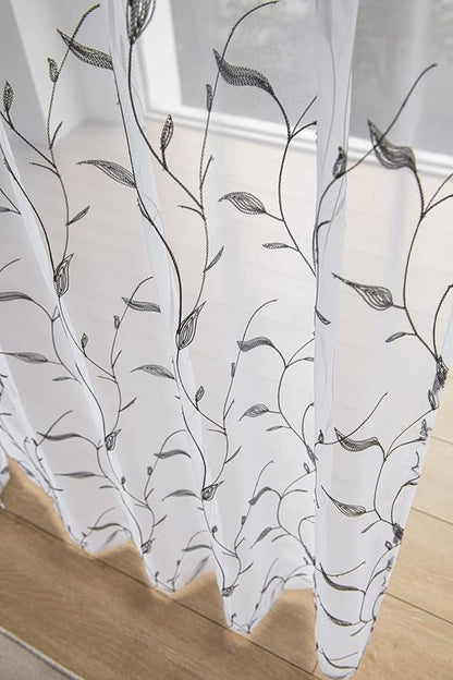 Windows Sheer Curtains Embroider Grey Leaf 63 Inches Length 2 Panels Voile Light Filtering Sheer Curtains Panel Basic Rod Pocket Sheer for Bedroom Living Room Children Room Kitchen Yard