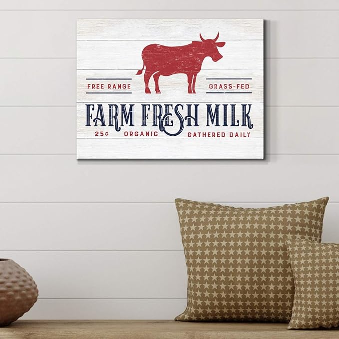 Renditions Gallery Canvas Animal Wall Art Home Paintings & Prints Organic Farm Fresh Milk Abstract Red & White Modern Cow Artwork Decorations for Bedroom Office Kitchen - 12"x18" LT33