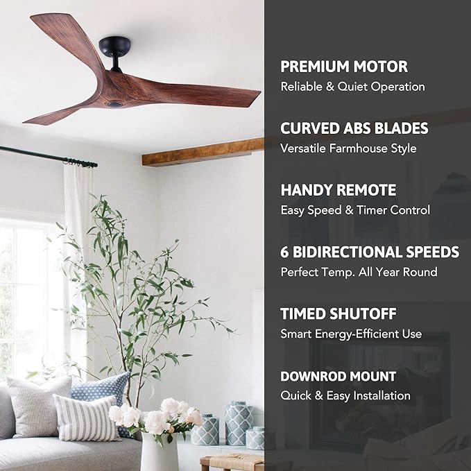 VONLUCE 52" Industrial Ceiling Fan No Light with Remote Control, Mid Century Ceiling Fans with 3 Walnut ABS Blades DC Motor, Indoor Ceiling Fan for Kitchen Bedroom Living Room, Walnut