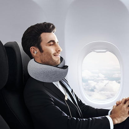 Travel Neck Pillow for Airplanes, 100% Pure Memory Foam Neck Support Pillow 360°Adjustable Full Surrounding Travel Pillow for Long Flights, Car, Train and Home Use, Light Grey