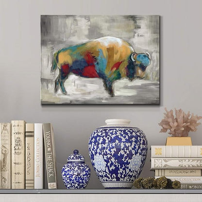 Renditions Gallery Canvas Animal Wall Art Home Paintings & Prints Colorful Bison Brushstroke Abstract Black & White Modern Artwork Decorations for Bedroom Office Kitchen - 12"x18" LT33