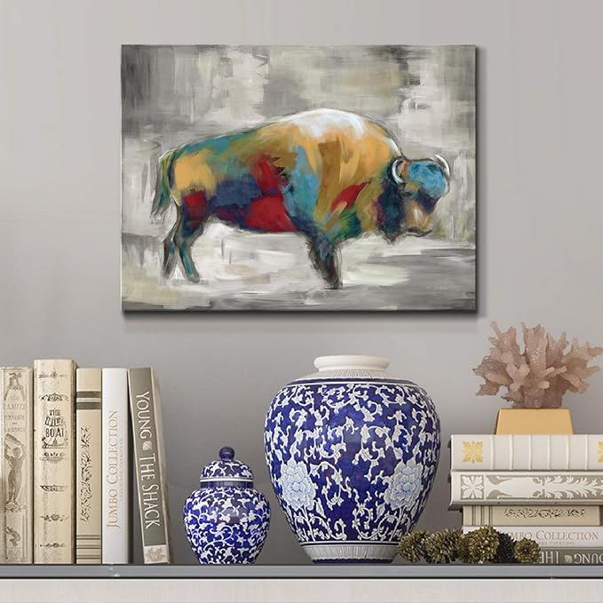 Renditions Gallery Canvas Animal Wall Art Home Paintings & Prints Colorful Bison Brushstroke Abstract Black & White Modern Artwork Decorations for Bedroom Office Kitchen - 18"x27" LT33