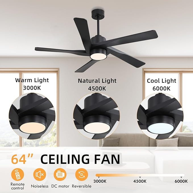 WINGBO 64" ABS DC Ceiling Fan with Lights, 5 Blade ABS Plastic Ceiling Fan with Remote, 6-Speed Reversible DC Motor, LED Ceiling Fan for Kitchen Bedroom Living Room, Matte Black