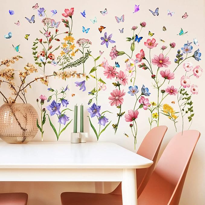 Colorful Flower Wall Stickers with Butterfly and Bee 88 Pcs Removable Flower Wall Decals DIY Peel and Stick Art Wall Decor Mural for Nursery Baby Kids Bedroom Living Room Kitchen Home Decoration