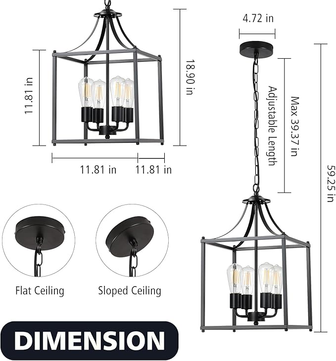 4-Light Black Chandelier Light Fixture, Modern Farmhouse Pendant Lights Kitchen Island, Industrial Iron Lantern Cage Chandelier Ceiling Hanging Lights for Kitchen Dining Room Entryway, E26 Socket