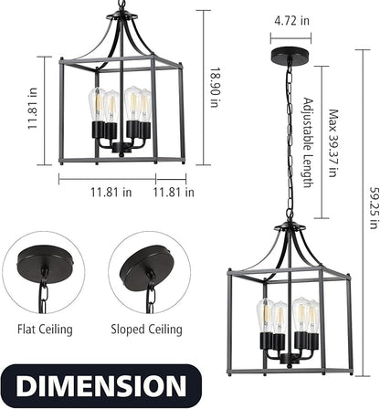 4-Light Black Chandelier Light Fixture, Modern Farmhouse Pendant Lights Kitchen Island, Industrial Iron Lantern Cage Chandelier Ceiling Hanging Lights for Kitchen Dining Room Entryway, E26 Socket