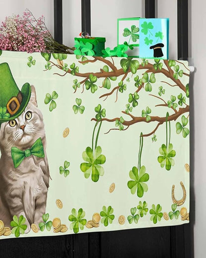 Vandarllin Lucky Cat St. Patrick's Day Kitchen Curtains Valances for Windows Green Spring Shamrocks Tree Rod Pocket Window Treatment for Kitchen/Living Room/Bedroom/Bathroom, 42" X 18",