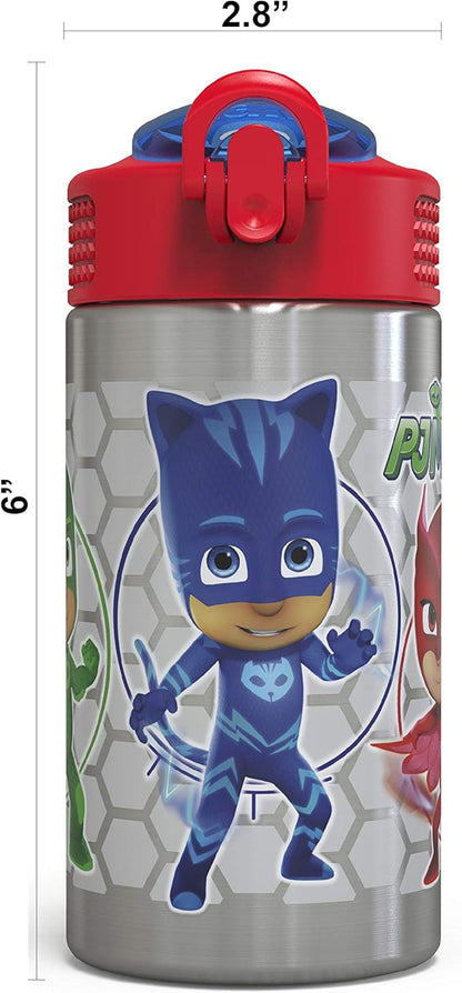 Zak Designs PJ Masks 15.5oz Stainless Steel Kids Water Bottle with Flip-up Straw Spout - BPA Free Durable Design, PJ Masks SS, Catboy, Owlette & Gekko, Single Wall