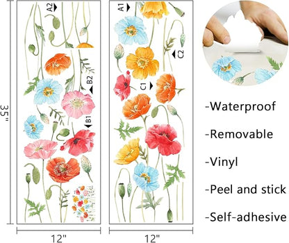 Mfault Spring Large Poppy Flower Wall Decals Stickers, Summer Watercolor Floral Living Room Decorations Bedroom Art, Seasonal Garden Home Kitchen Decor