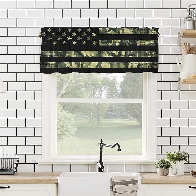 Valance Curtains for Kitchen Window, Rustic Green Camo Military Pattern American Flag Rod Pocket Valances Window Treatments Short Curtains for Bedroom/Living Room,54" X 18" -1 Panel,