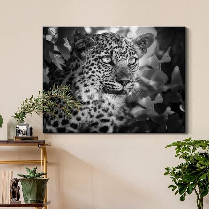 Renditions Gallery Canvas Animal Wall Art Home Paintings & Prints Vintage African Leopard Modern Black & White Safari Wall Hanging Artwork Decor for Bedroom Office Kitchen - 24"x36" LT33