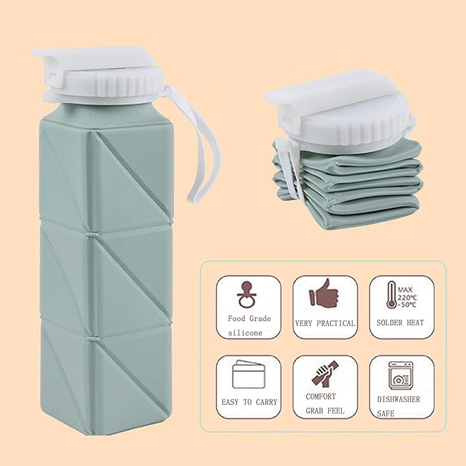 2 pack Collapsible Water Bottles Leakproof Lid–Food-Grade BPA-Free 20.10oz Silicone Travel Bottles–Foldable Lightweight Durable 620ml for Outdoor Travel Gym,Hiking,Camping,Biking Reusable