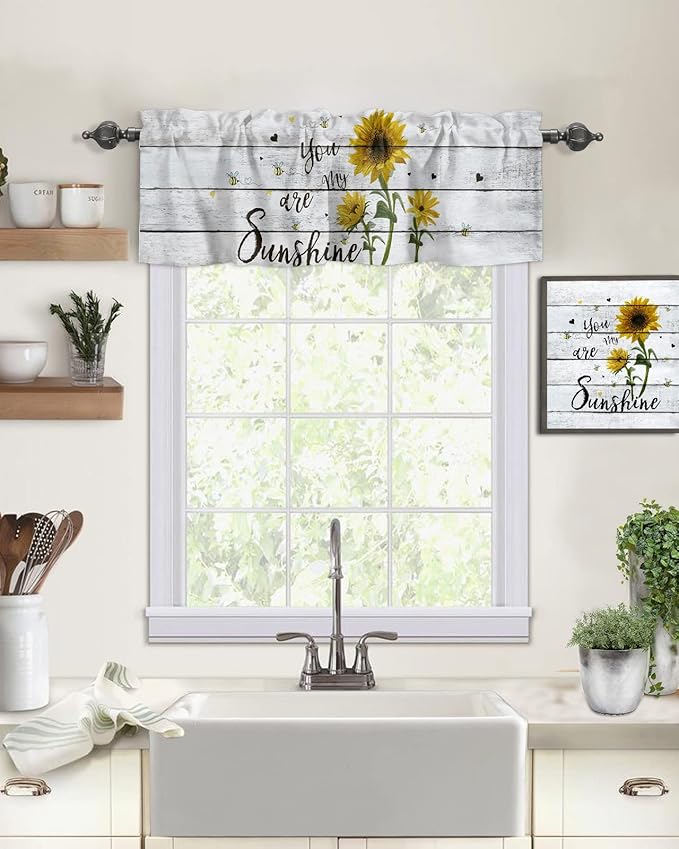 Sunflower Kitchen Curtains Valances for Windows Farmhouse Rustic Vintage Wood Rod Pocket Window Treatment for Kitchen/Living Room/Bedroom/Bathroom,60" X 18" -1 Panel, You are My Sunshine