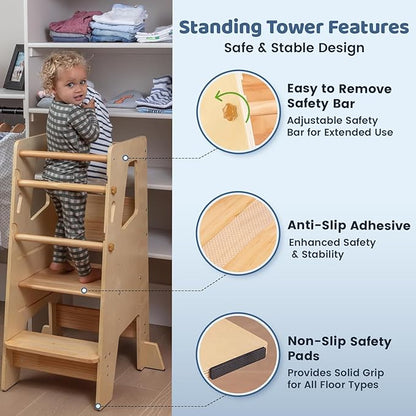 Toddler Standing Tower | Height Adjustable Step Stool for Kitchen Learning & Counter Help | Anti-Slip Baby Stand with Safety Rail & Feet | Montessori Learning Tower for Kids (Natural Varnished)