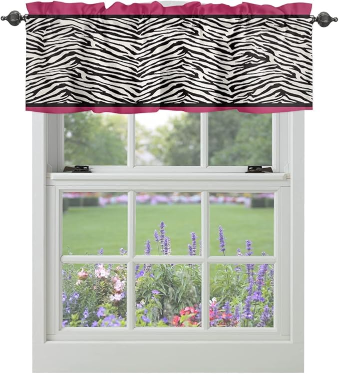 Vandarllin Animal Zebra Print Kitchen Curtains Valances for Windows Black White Pink Rod Pocket Window Treatment for Kitchen/Living Room/Bedroom/Bathroom,42" X 12" -1 Panel,