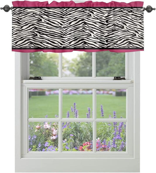 Vandarllin Animal Zebra Print Kitchen Curtains Valances for Windows Black White Pink Rod Pocket Window Treatment for Kitchen/Living Room/Bedroom/Bathroom,42" X 12" -1 Panel,